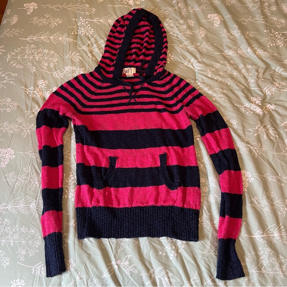 SO Pink and Black Striped Hooded Sweater
